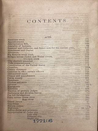 Acts, Resolutions, and Memorials Passed by the First Annual, and Special Sessions, of the Legislative Assembly of Territory of Utah; Begun and Held at Great Salt Lake City, On the 22nd Day of September, A.D. 1851 Also the Constitution of the United States and Act Organizing the Territory of Utah