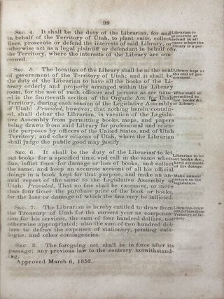 Acts, Resolutions, and Memorials Passed by the First Annual, and Special Sessions, of the Legislative Assembly of Territory of Utah; Begun and Held at Great Salt Lake City, On the 22nd Day of September, A.D. 1851 Also the Constitution of the United States and Act Organizing the Territory of Utah