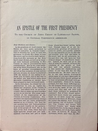 An Epistle Of The First Presidency, To The Church . . . In General Conference Assembled. Read April 6th, 1886, At The Fifty-Sixth General Annual Conference, Held At Provo, Utah. An Epistle of the First Presidency October 1886.