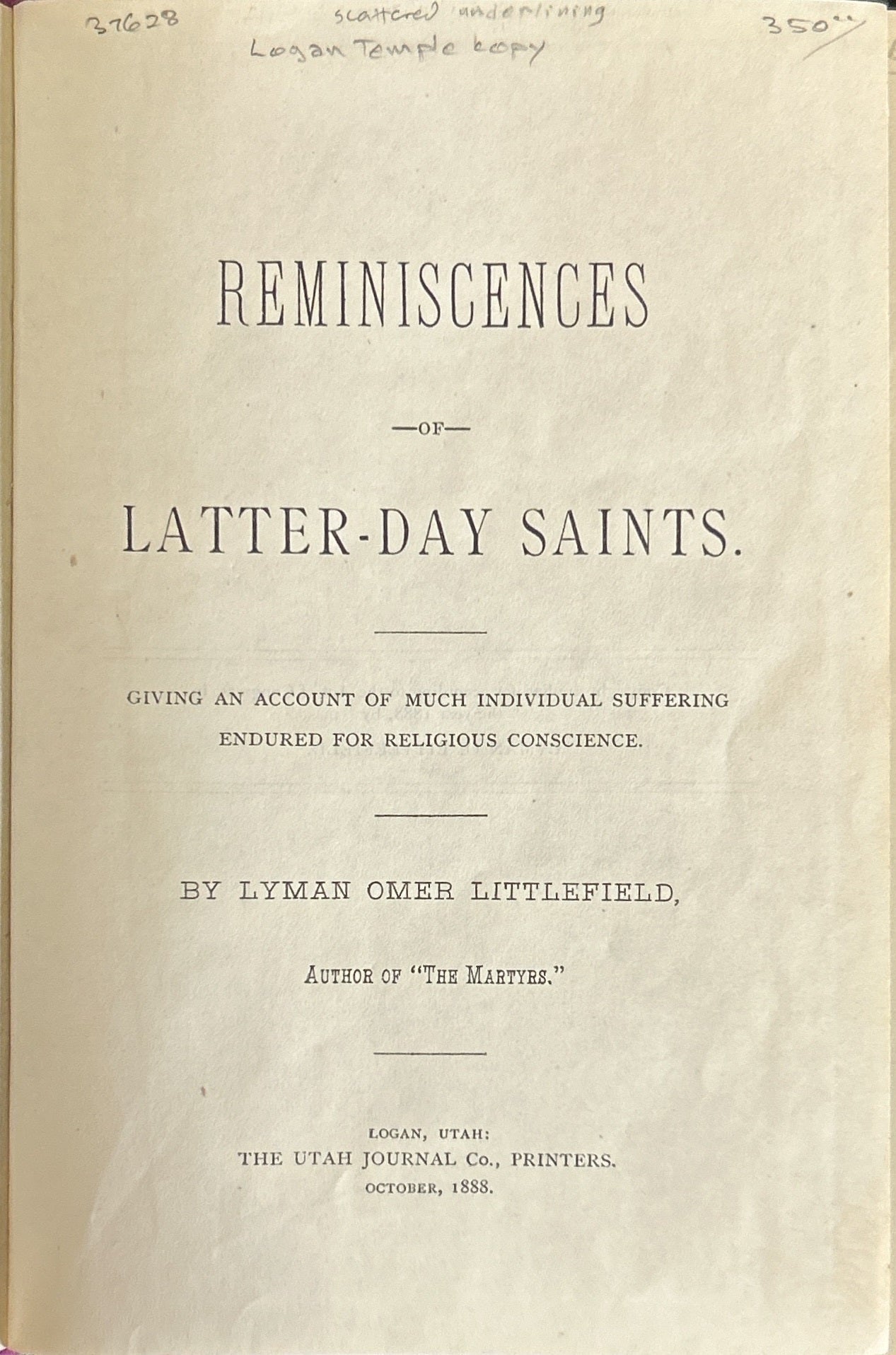 Reminiscences of Latter-Day Saints.; Giving An Account Of Much ...
