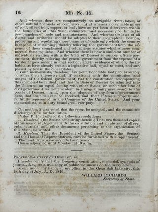 Constitution of the State of Deseret, with the Journal of the Convention Which Formed It, and the Proceedings of the Legislative Consequent Thereon.