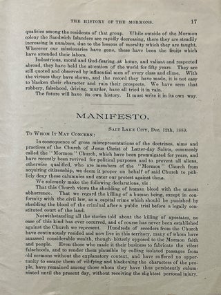 The History of the Mormons. Their Persecutions and Travels. By President George Q. Cannon. Also the Two Manifestoes of the Presidency of the Church of Jesus Christ of Latter-day Saints and Members of the Council of the Apostles