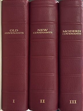 Item #40128 Restoration Scriptures, 3 vol. set. Red leather. Volume One - Old Covenants (Although...