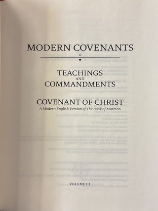 Restoration Scriptures, 3 vol. set. Red leather. Volume One - Old Covenants (Although commonly referred to as the Old Testament, this volume has been renamed The Old Covenants because it includes the covenants that were established with Adam, Enoch, Noah, Abraham, and Moses. This new title more accurately reflects the nature of the material contained within it and places it in juxtaposition with the volume called The New Covenants.); Volume Two - New Covenants (New Testament - This edition of the New Testament is drawn from Joseph Smith’s New Translation of the Holy Bible, commonly known as the Inspired Version; Book of Mormon - The foundational text used as the basis for this edition was Joseph Smith’s last personally-updated version (1840); Variations found in this edition of the Book of Mormon are due to corrections guided by resources that include Analysis of Textual Variants of the Book of Mormon, 2nd Edition, Royal Skousen, 2017; Glossary of Gospel Terms) Volume Three - Modern Covenants (Teachings and Commandments Covenant of Christ - A Modern English Version of the Book of Mormon)