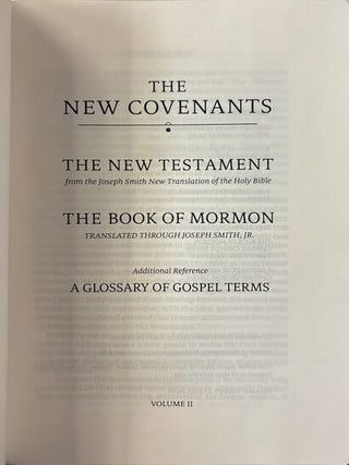 Restoration Scriptures, 3 vol. set. Red leather. Volume One - Old Covenants (Although commonly referred to as the Old Testament, this volume has been renamed The Old Covenants because it includes the covenants that were established with Adam, Enoch, Noah, Abraham, and Moses. This new title more accurately reflects the nature of the material contained within it and places it in juxtaposition with the volume called The New Covenants.); Volume Two - New Covenants (New Testament - This edition of the New Testament is drawn from Joseph Smith’s New Translation of the Holy Bible, commonly known as the Inspired Version; Book of Mormon - The foundational text used as the basis for this edition was Joseph Smith’s last personally-updated version (1840); Variations found in this edition of the Book of Mormon are due to corrections guided by resources that include Analysis of Textual Variants of the Book of Mormon, 2nd Edition, Royal Skousen, 2017; Glossary of Gospel Terms) Volume Three - Modern Covenants (Teachings and Commandments Covenant of Christ - A Modern English Version of the Book of Mormon)