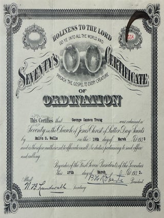 Item #40664 Seventy's Certificate of Ordination - Signed by BH Roberts